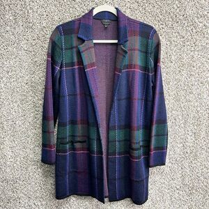 Talbots Cardigan Sweater Womens MP Pure Merino Wool Open Front Plaid Long Sleeve